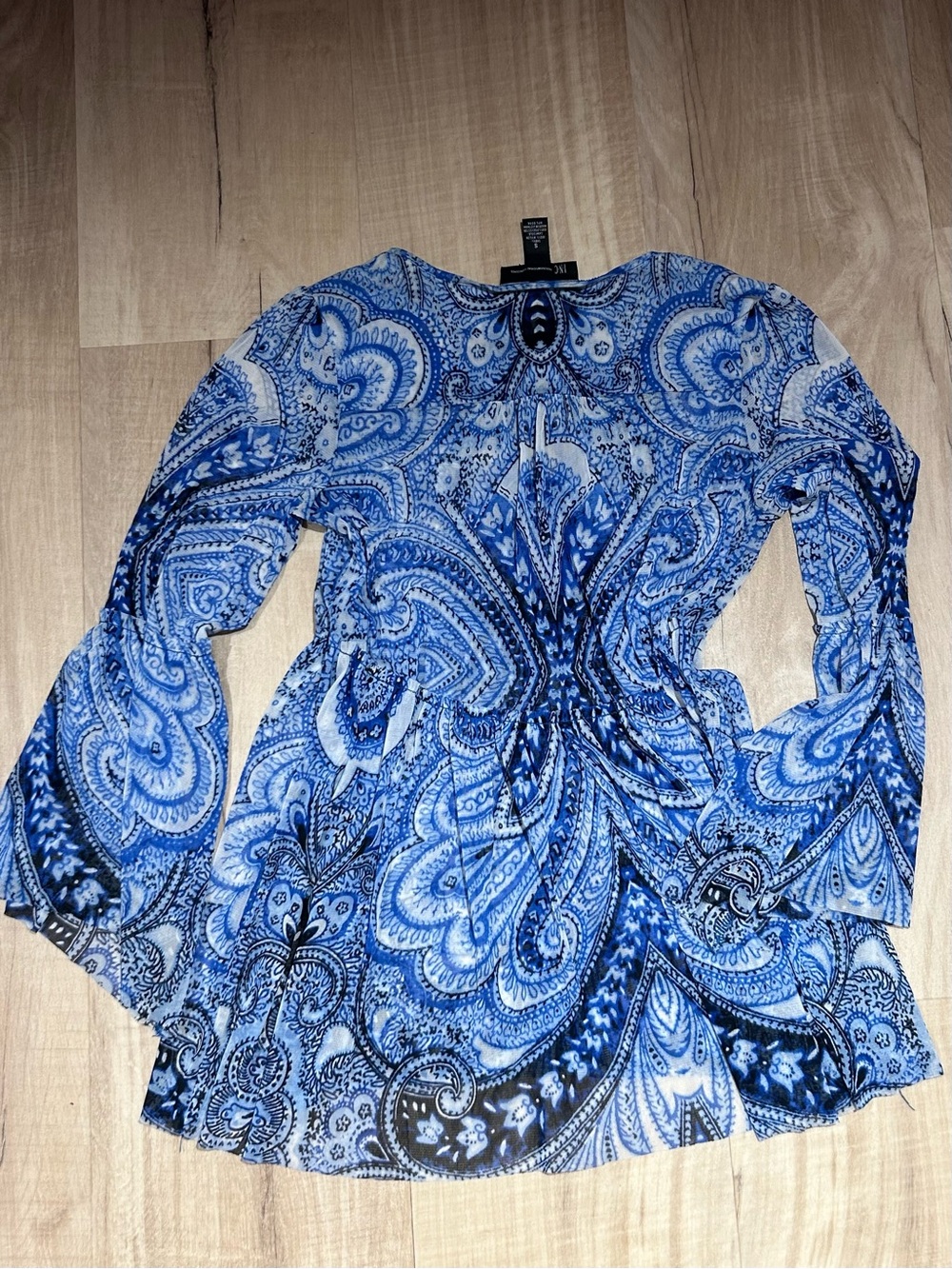 INC International Concepts Blue Paisley Long-Sleeve Tunic Dress